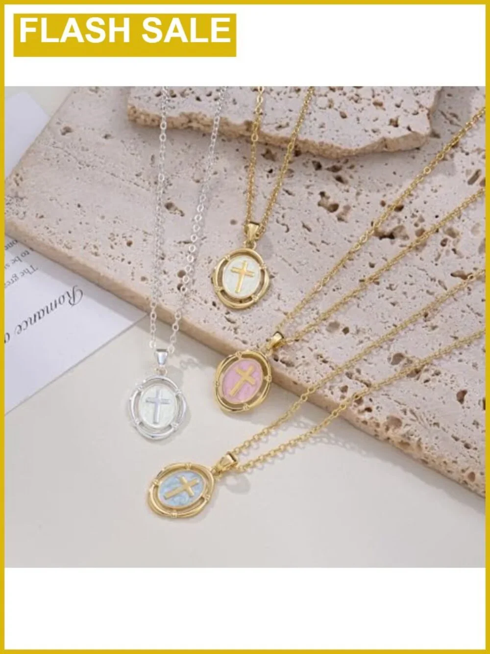 14K Gold Plated Cross Necklace Oval Enamel Pendant Adjustable 16.5-18.5